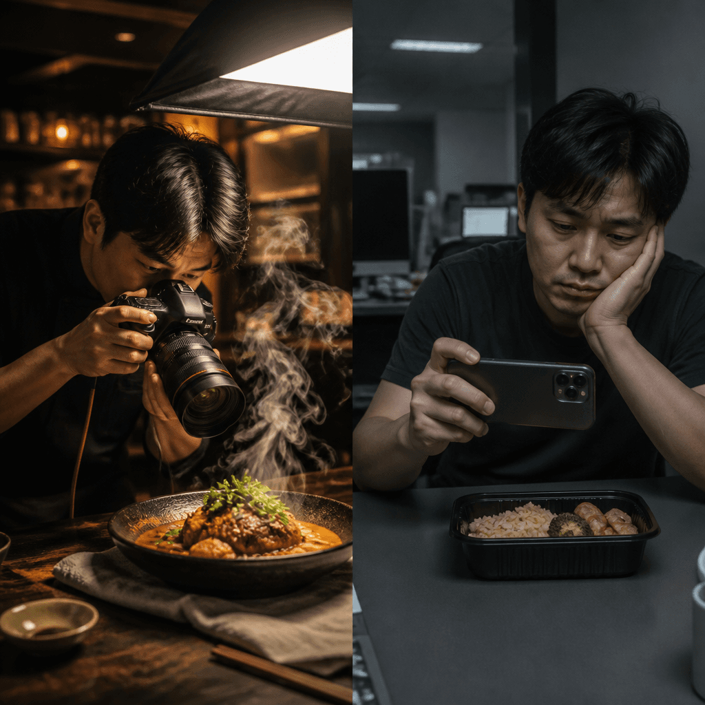 좌측 전문 음식 촬영자 vs 우측 일반 스마트폰 촬영의 결과 품질 대비 시각화