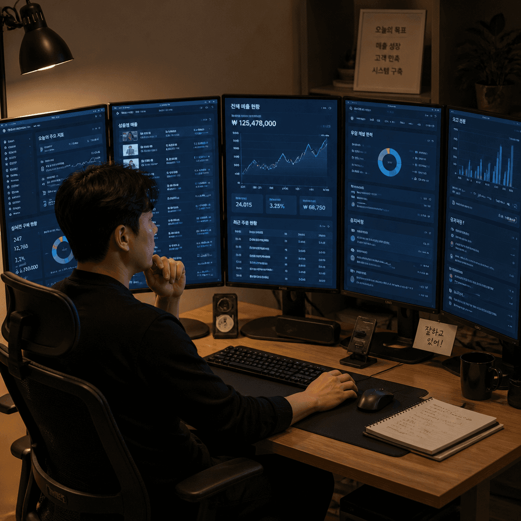 다섯 대의 세로 모니터를 반원으로 배치한 1인 창업자의 작업 환경