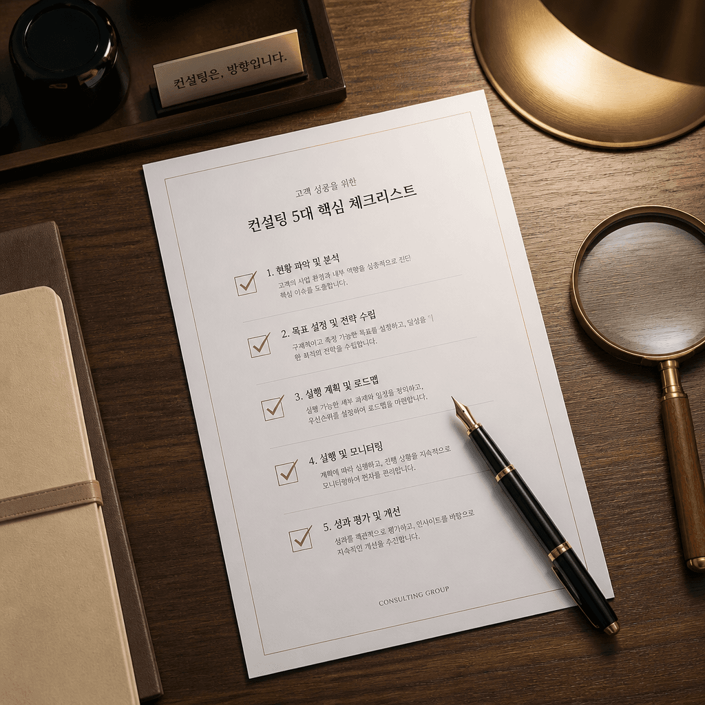 만년필로 다섯 가지 선별 체크리스트를 확인하는 컨설턴트의 깔끔한 책상 평면샷