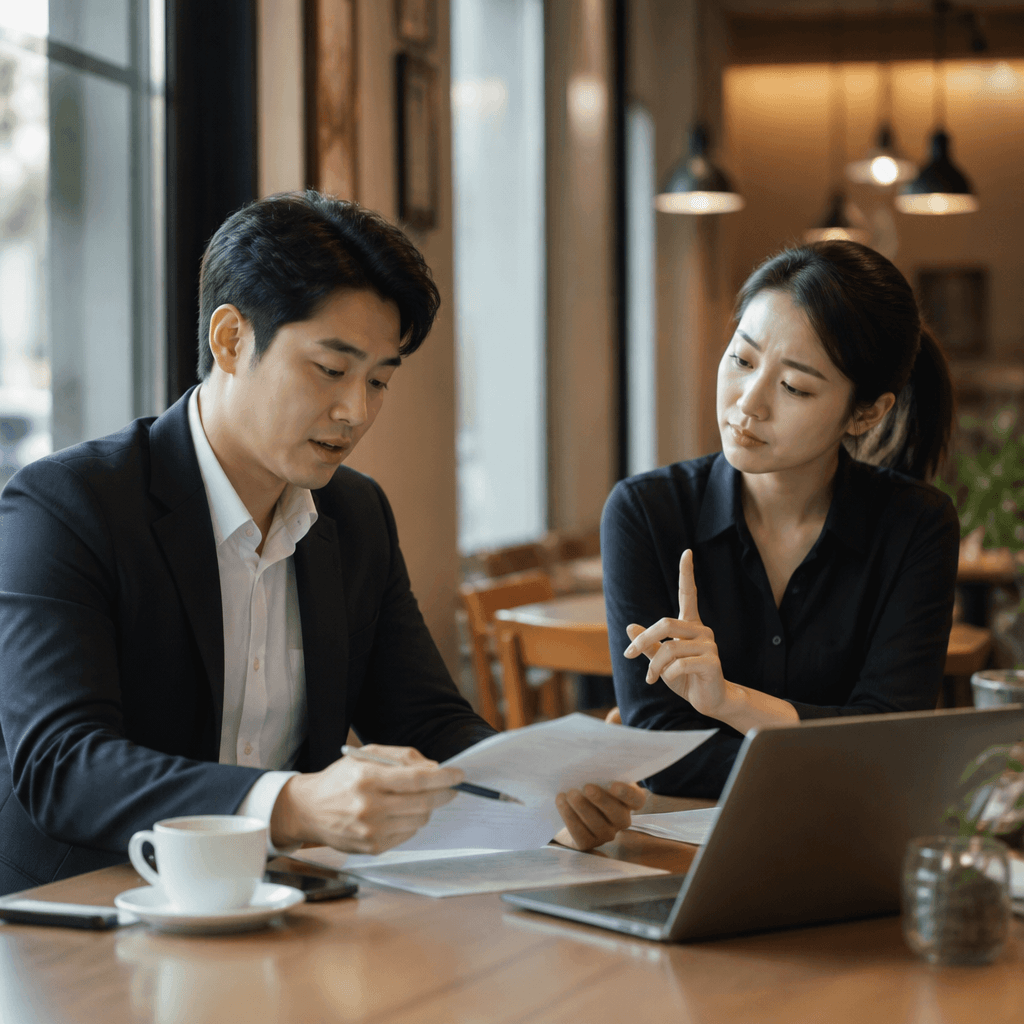 카페 테이블에서 두 사람이 정중한 의견 차이를 나누는 미팅 장면, 상호 전문성 존중