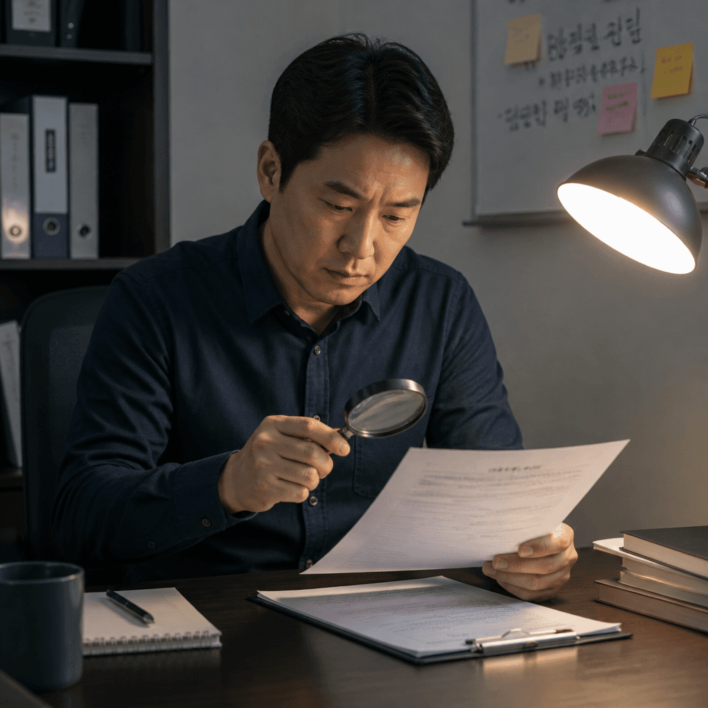 돋보기로 의심스러운 계약서 조항을 들여다보는 1인 창업자의 신중한 표정