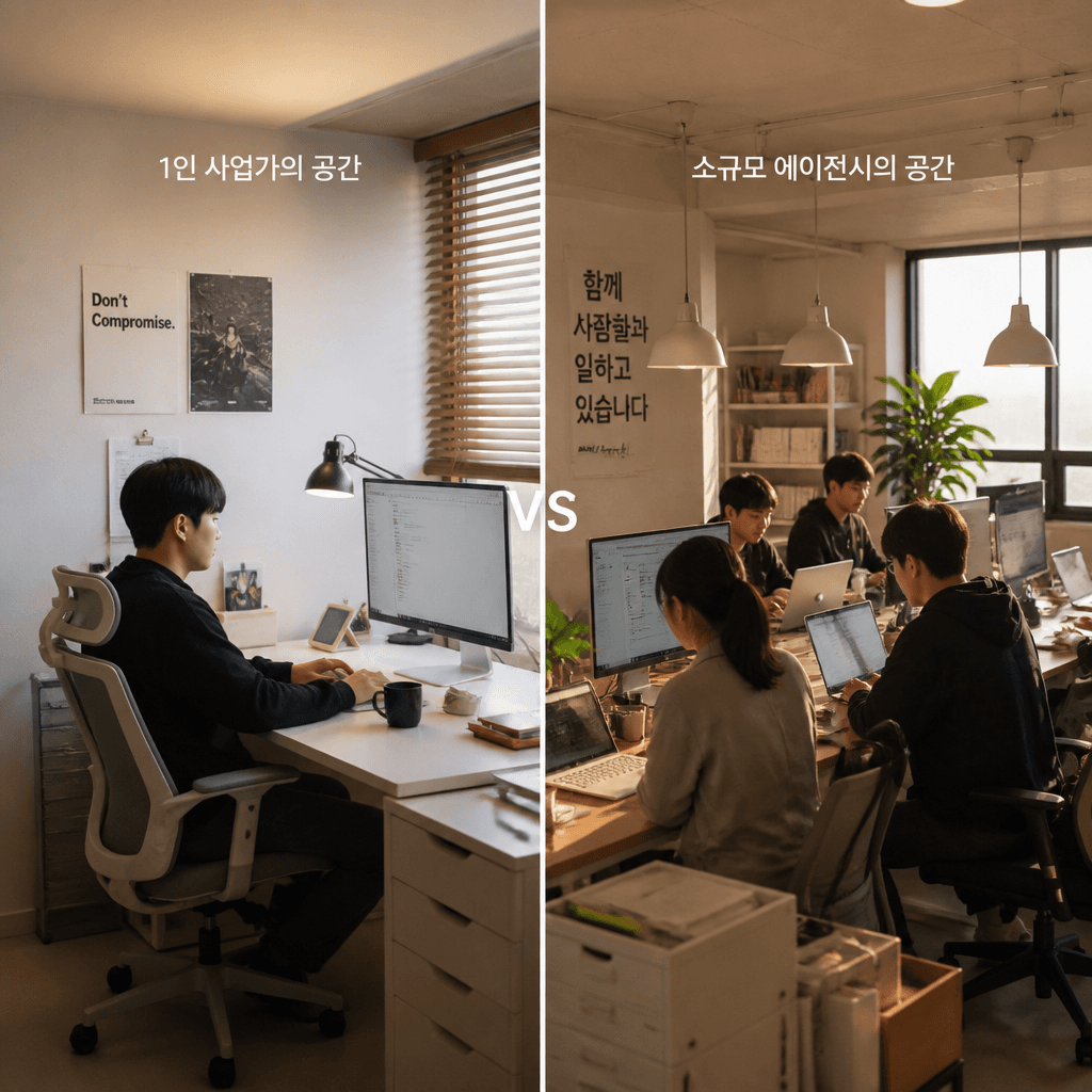 혼자 일하는 1인 책상과 소규모 광고대행사 팀 작업 공간을 좌우로 대비한 분기점 시각화