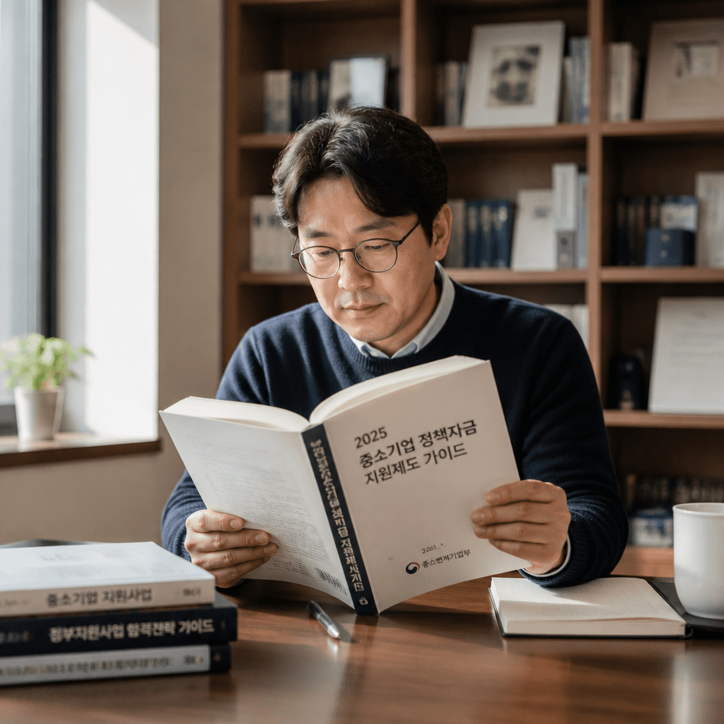 도서관식 책상에서 정부 정책 안내서를 진지하게 읽는 1인 창업자