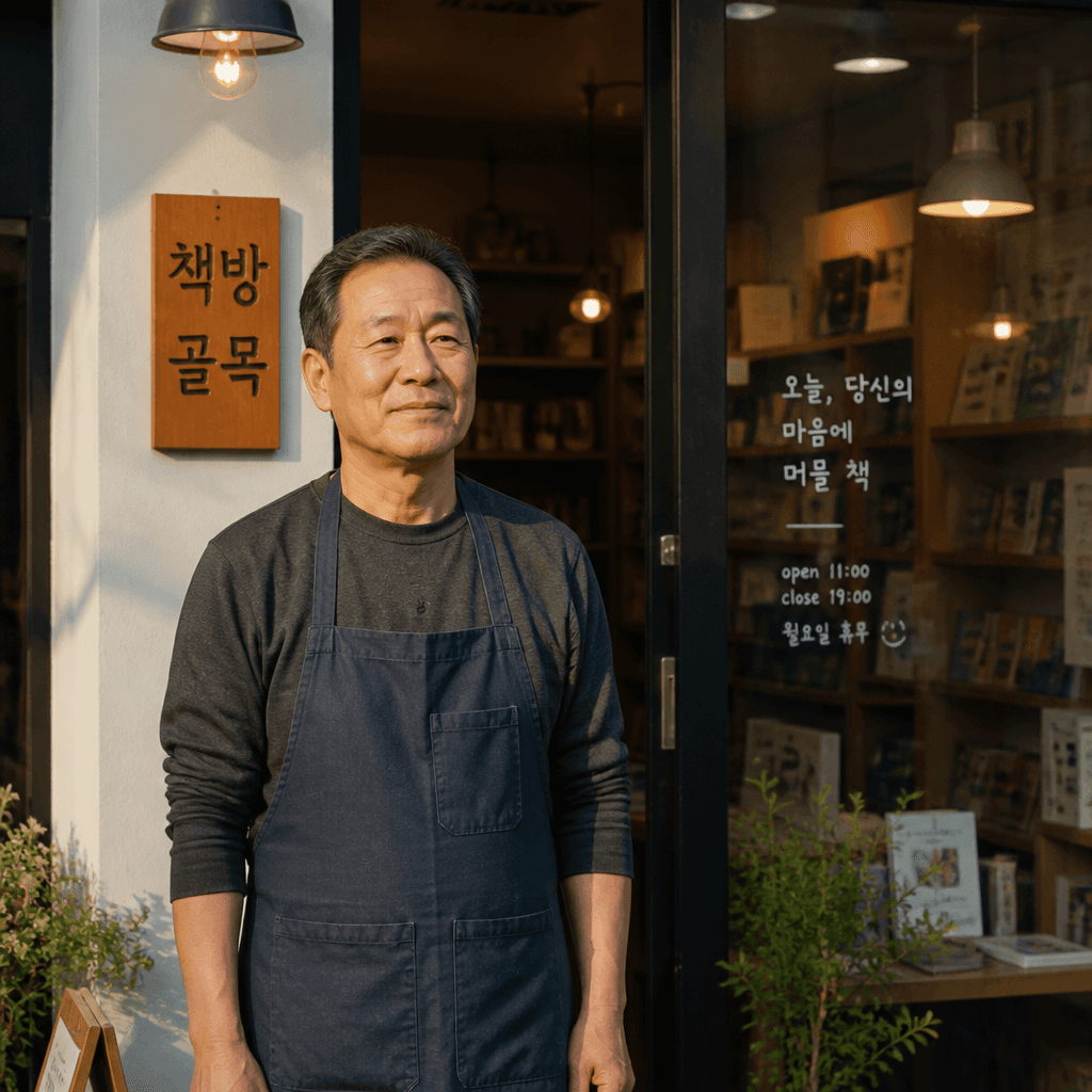 개업 첫날 자신의 작은 가게 앞에 선 60대 시니어 1인 창업자의 희망찬 표정