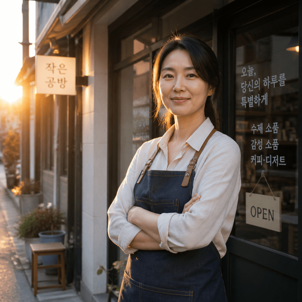 해 뜨는 아침 자신의 가게 앞에 자신감 있게 선 1인 창업자, 새로운 출발의 다짐
