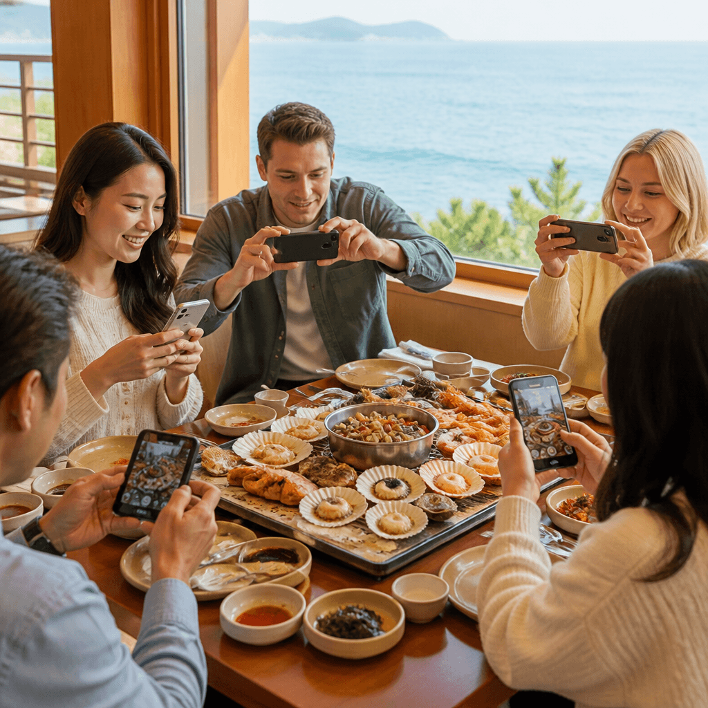 부산 식당 테이블에서 해산물 요리를 사진으로 남기는 여러 국적의 여행객 (컨셉 이미지)
