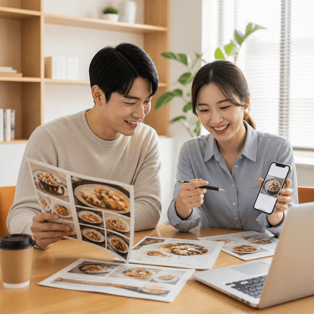 여러 언어로 된 메뉴판과 스마트폰 광고 화면을 비교하며 회의하는 마케팅 담당자 (컨셉 이미지)