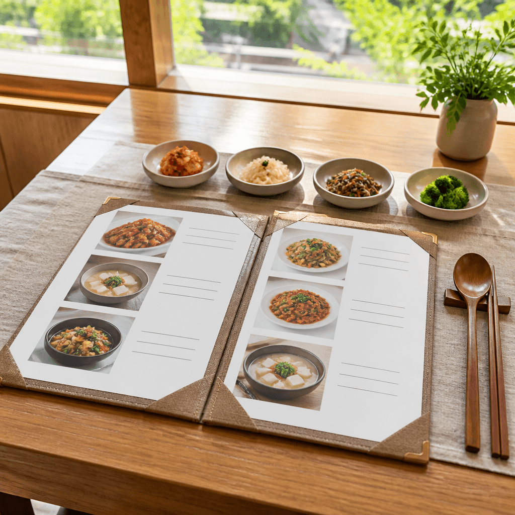 식당 테이블 위에 펼쳐진 정갈한 종이 메뉴판과 수저 세트