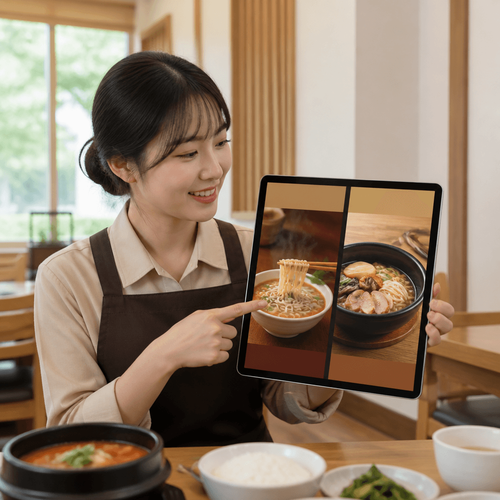 태블릿 화면에 세로형 음식 피드 시안을 띄워 두고 비교하는 매장 직원 (컨셉 이미지)