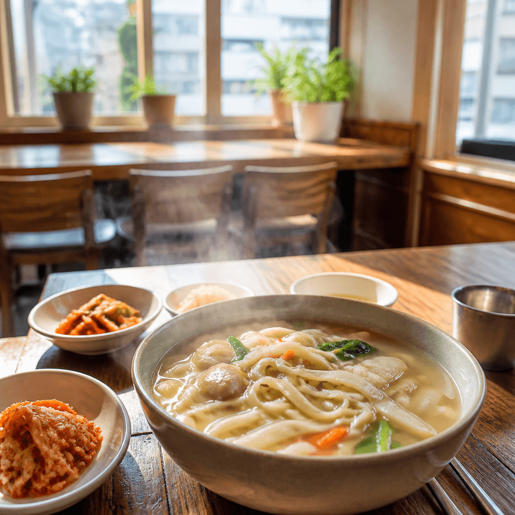 김이 오르는 칼국수 한 상이 차려진 정겨운 식당 (컨셉 이미지)