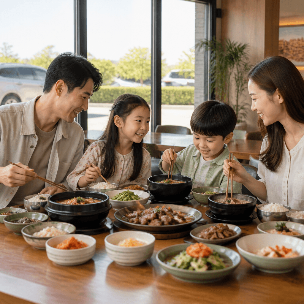 여행 중 잠시 들러 든든한 식사를 하는 가족의 모습 (컨셉 이미지)