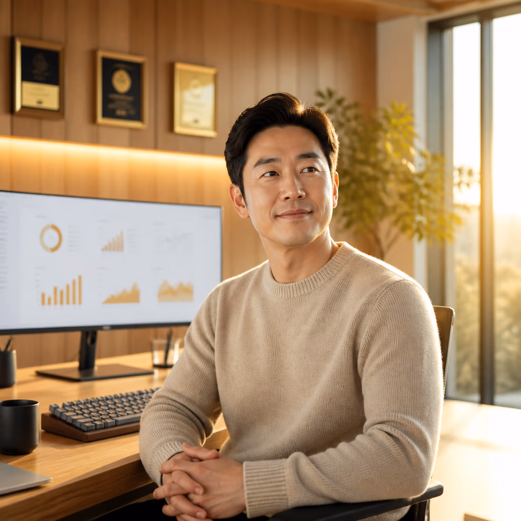재고 매입 업종 전용 상담 컨셉 이미지 · 원목 책상 위 노트북과 따뜻한 오후 채광