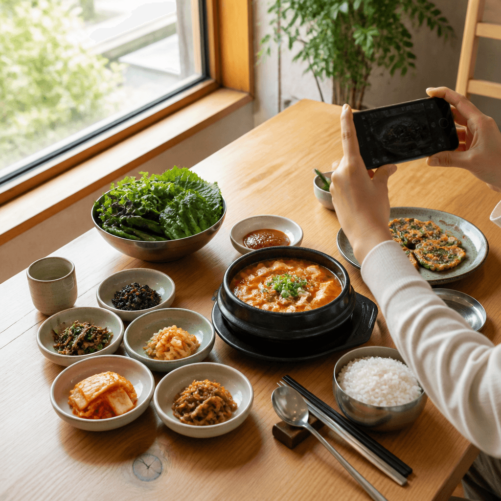 창가 자연광이 비치는 나무 테이블 위 한식 상차림을 휴대폰으로 내려다보며 촬영하는 손 (컨셉 이미지)
