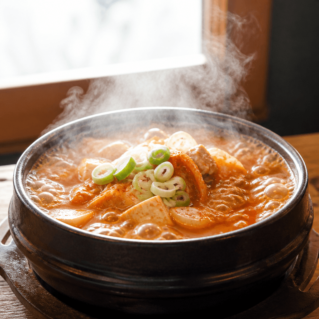 창을 등진 뒤쪽 빛을 받아 하얀 김이 피어오르는 뚝배기 찌개 클로즈업 (컨셉 이미지)