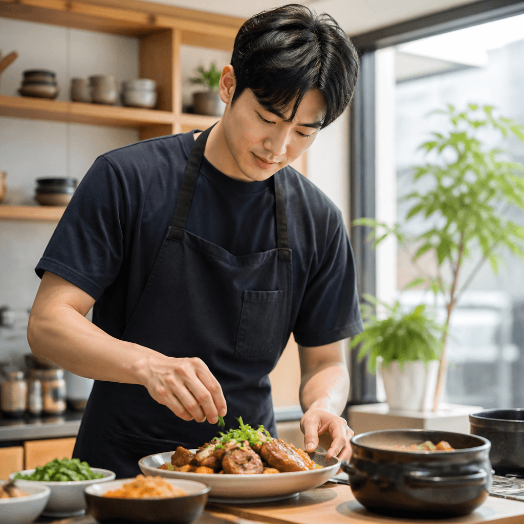 김치를 새로 담그는 주방의 활기찬 오전 (컨셉 이미지)