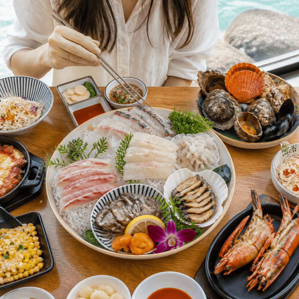 싱싱한 해산물 상차림이 실물 그대로 담긴 밝은 사진 (컨셉 이미지)