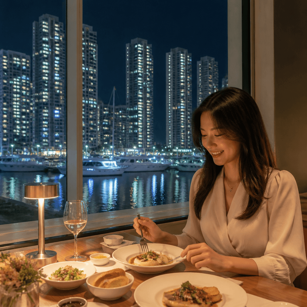 야경이 빛나는 마린시티 창가 자리의 저녁 상차림 (컨셉 이미지)