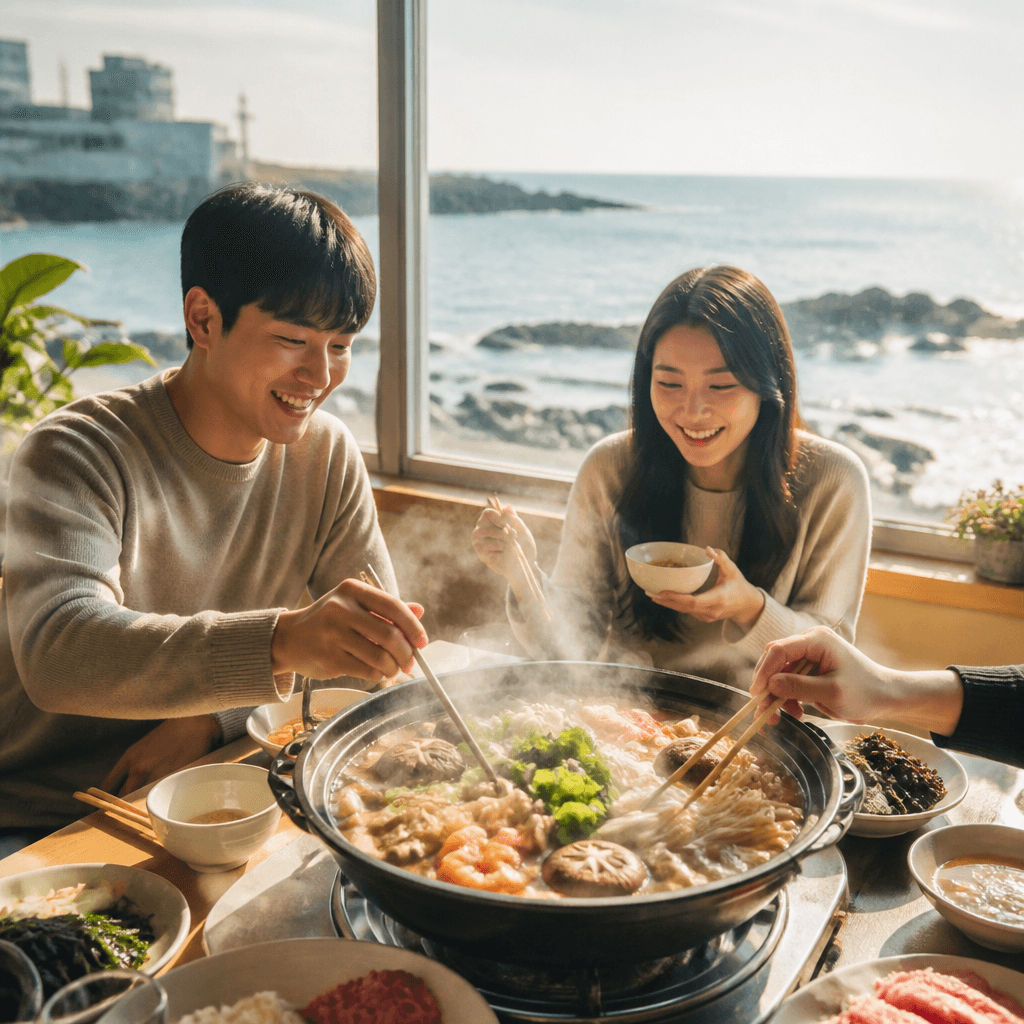 겨울 바다를 배경으로 김이 오르는 따뜻한 국물 요리 (컨셉 이미지)