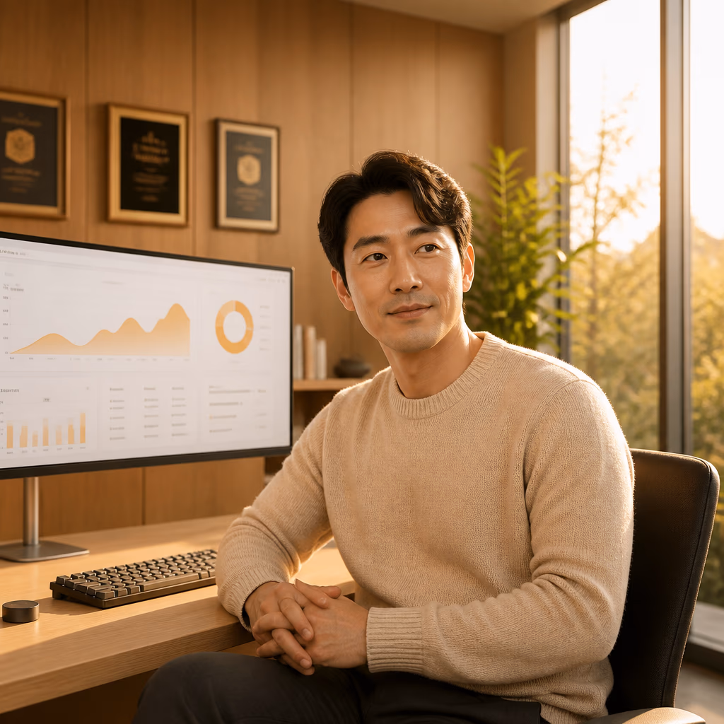 학원업 전용 상담 컨셉 이미지 · 원목 책상 위 노트북과 따뜻한 오후 채광