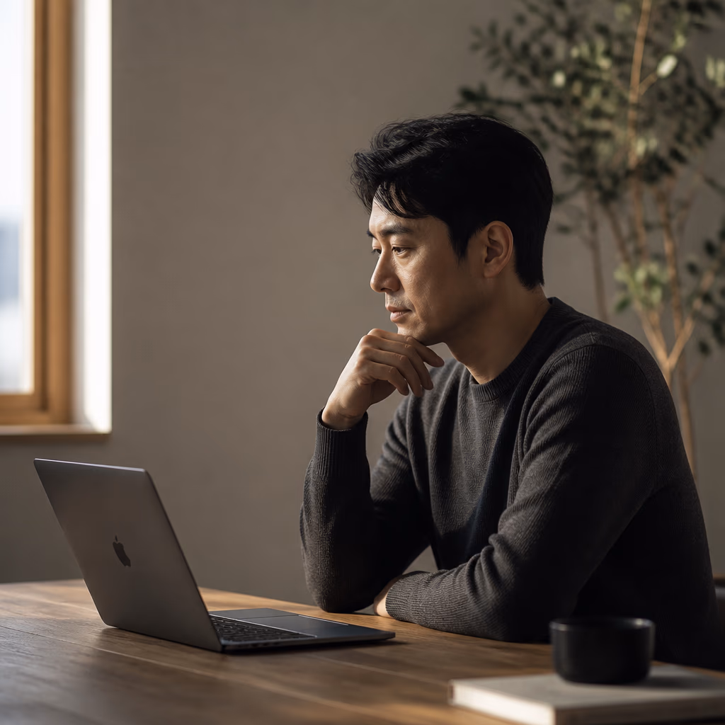 미니멀리스트 책상 앞에 앉아 노트북 화면을 응시하는 삼십대 한국 남성 · 컨설테이션 개념