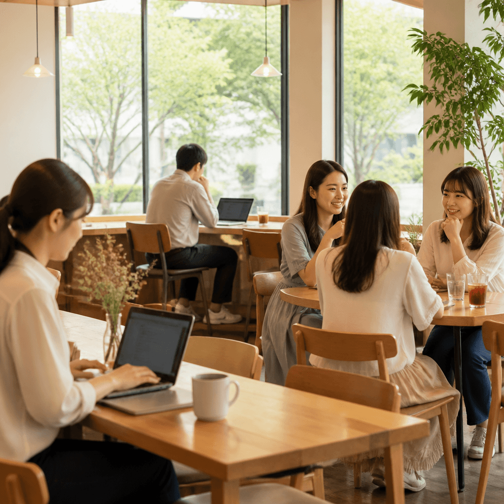 노트북 작업 손님과 대화 손님이 자연스럽게 공존하는 카페 (컨셉 이미지)