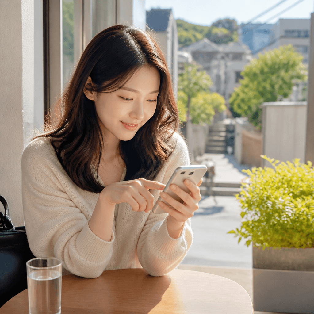 나들이 전 스마트폰으로 맛집 목록을 살펴보는 모습 (컨셉 이미지)