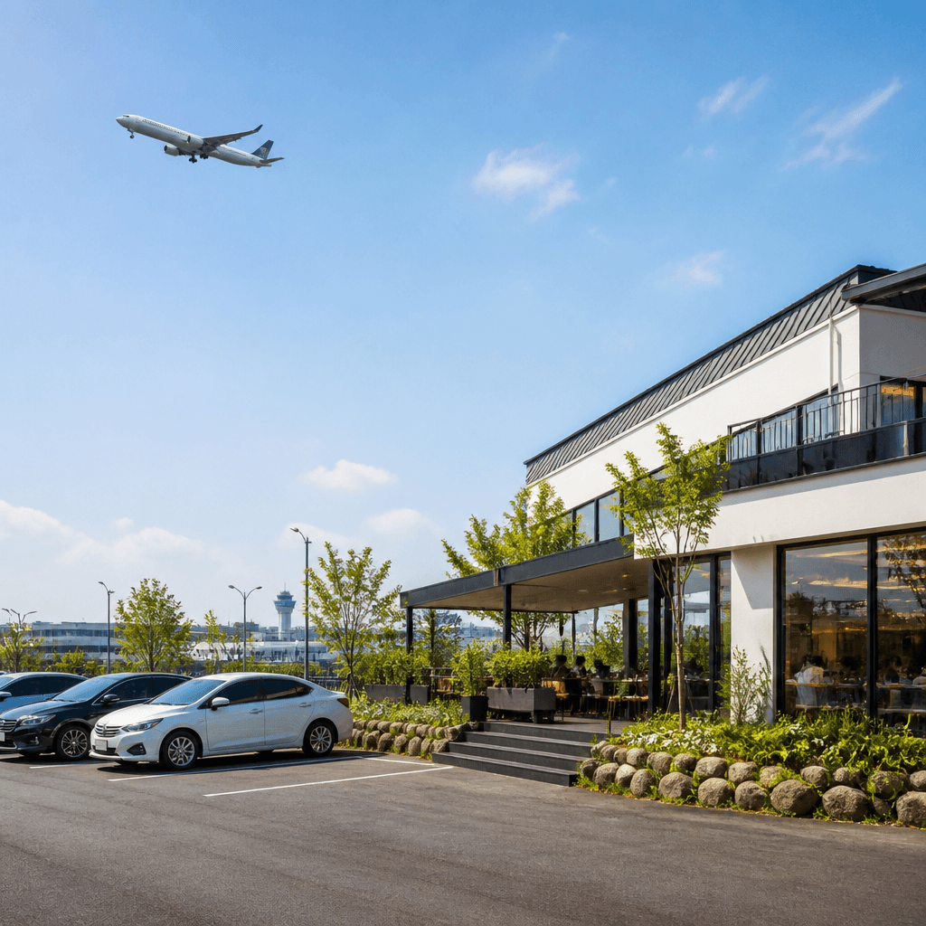 공항 가는 길목의 환한 식당 전면과 주차 공간 (컨셉 이미지)