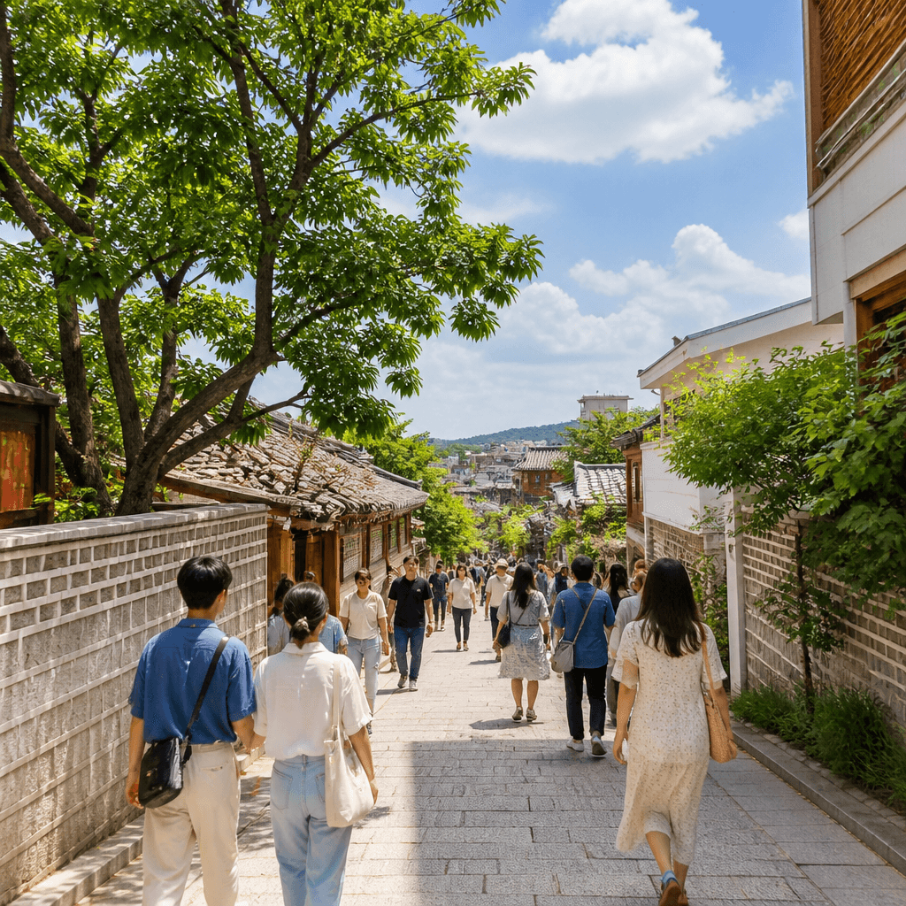 구경거리 가득한 관광 거리를 걷는 나들이객들 (컨셉 이미지)