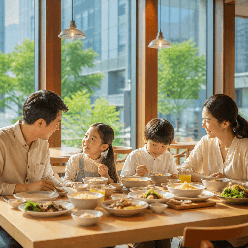 가족 단위 손님이 편안하게 식사하는 밝은 신도시 매장 (컨셉 이미지)