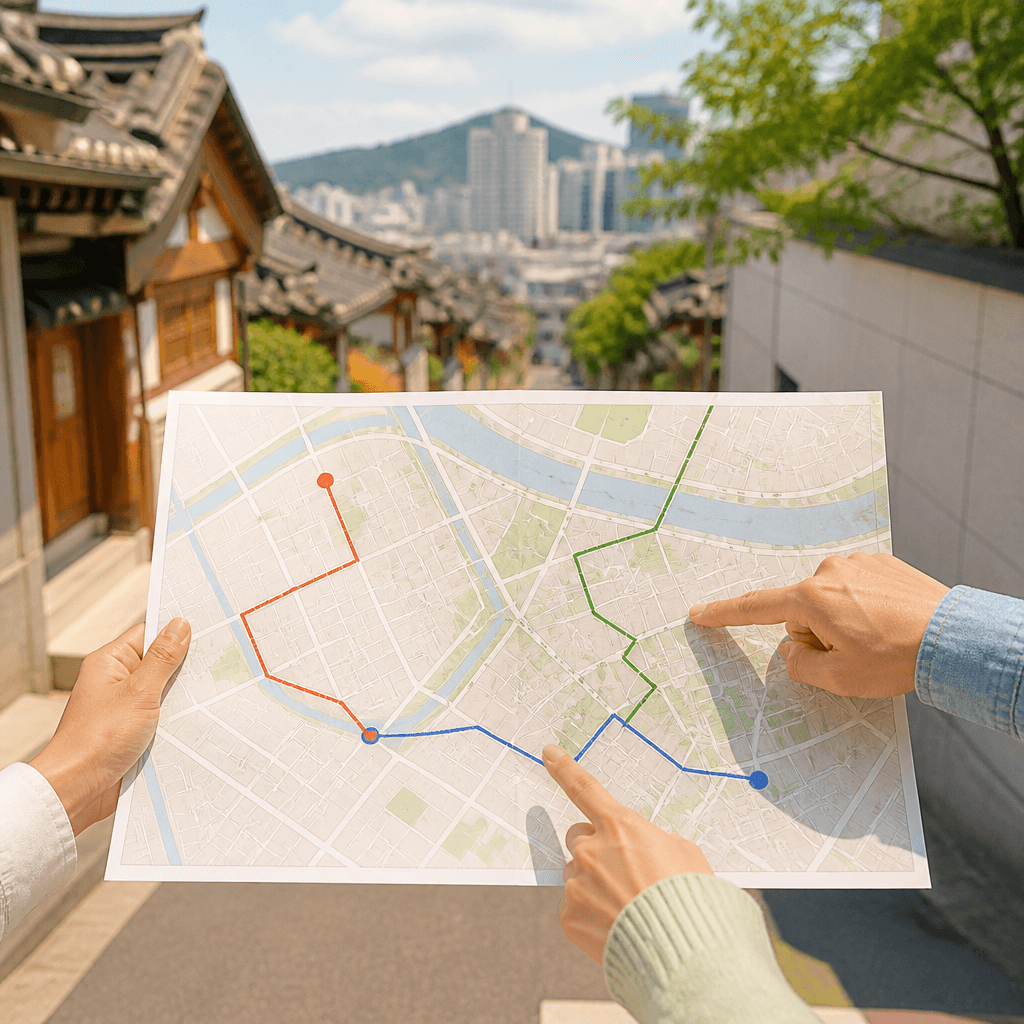 지도 위 세 갈래 동선을 살펴보는 계획의 손길 (컨셉 이미지)