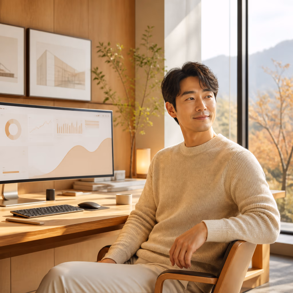 인테리어 업종 전용 상담 컨셉 이미지 · 원목 책상 위 노트북과 따뜻한 오후 채광