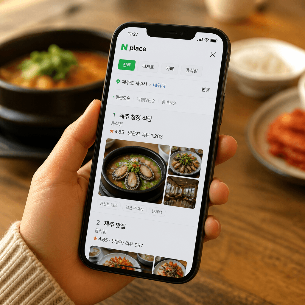 제주 식당 네이버 플레이스 1위 화면이 표시된 스마트폰