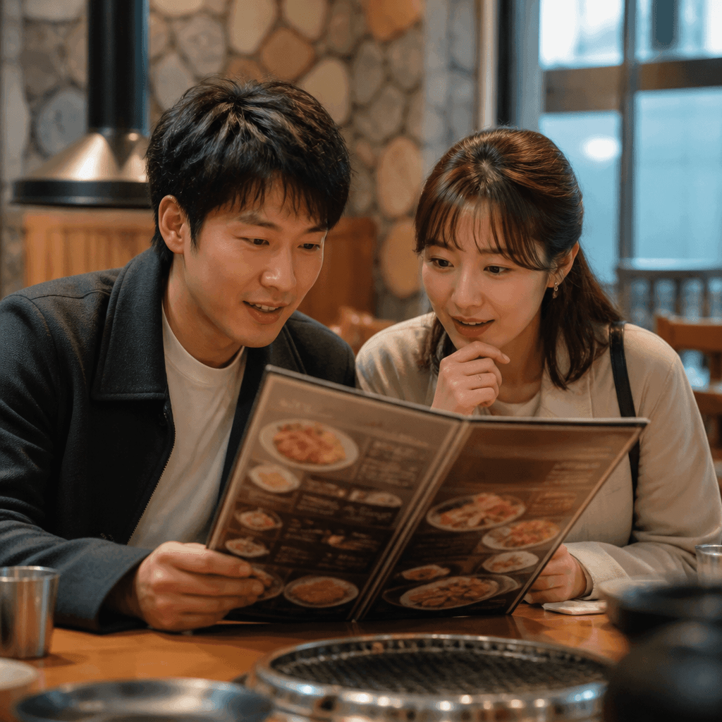 일본인 부부가 일본어 메뉴판을 보는 장면