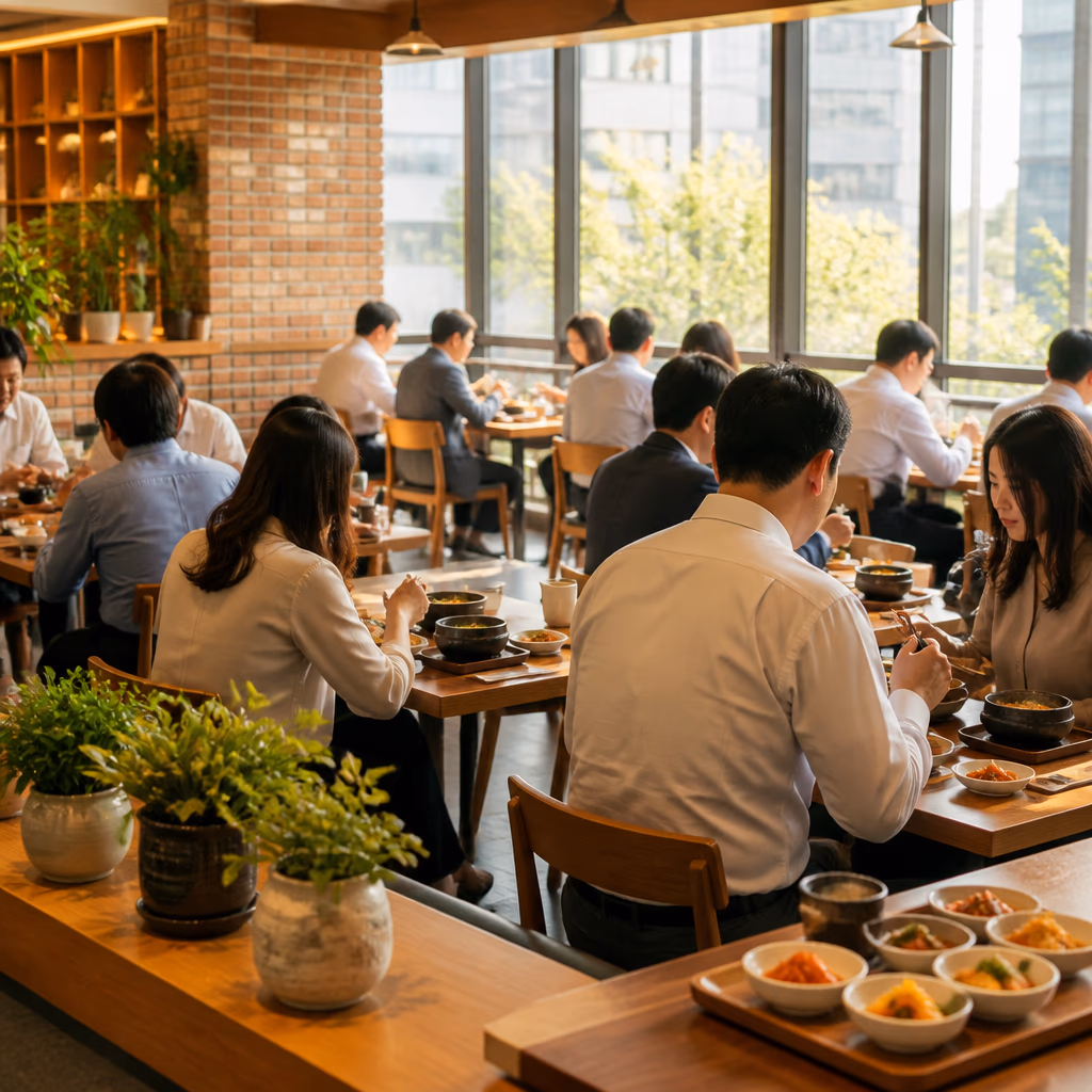 점심 시간 팀 단위 손님이 매장에 자리 잡는 컨셉 이미지
