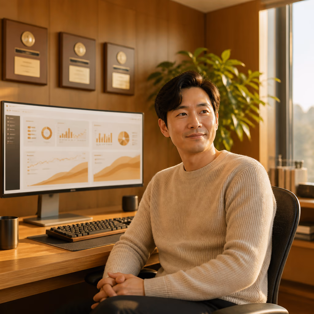 상담 대기 컨셉 이미지 · 원목 책상과 노트북