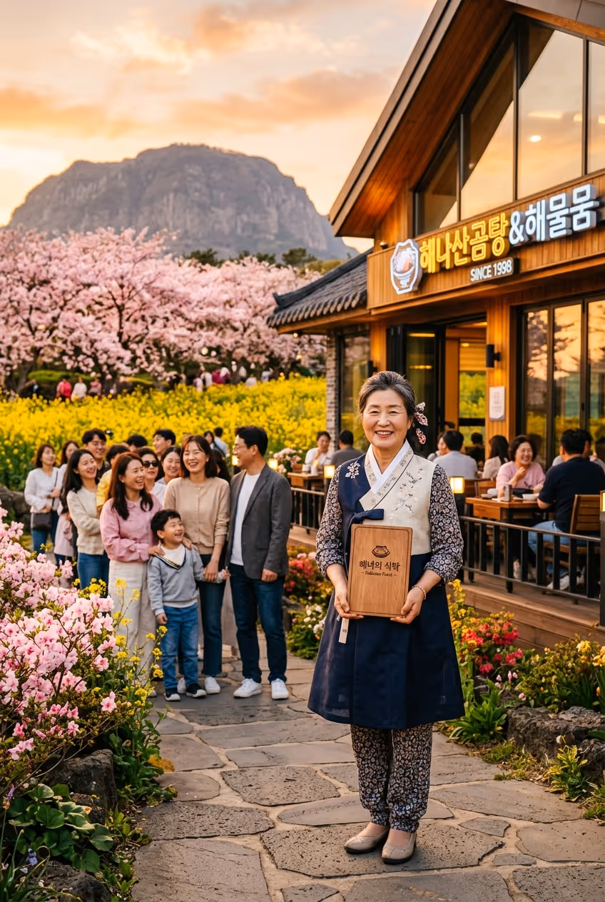 번창하는 제주 맛집 앞에 자신감 있게 서 있는 사장님