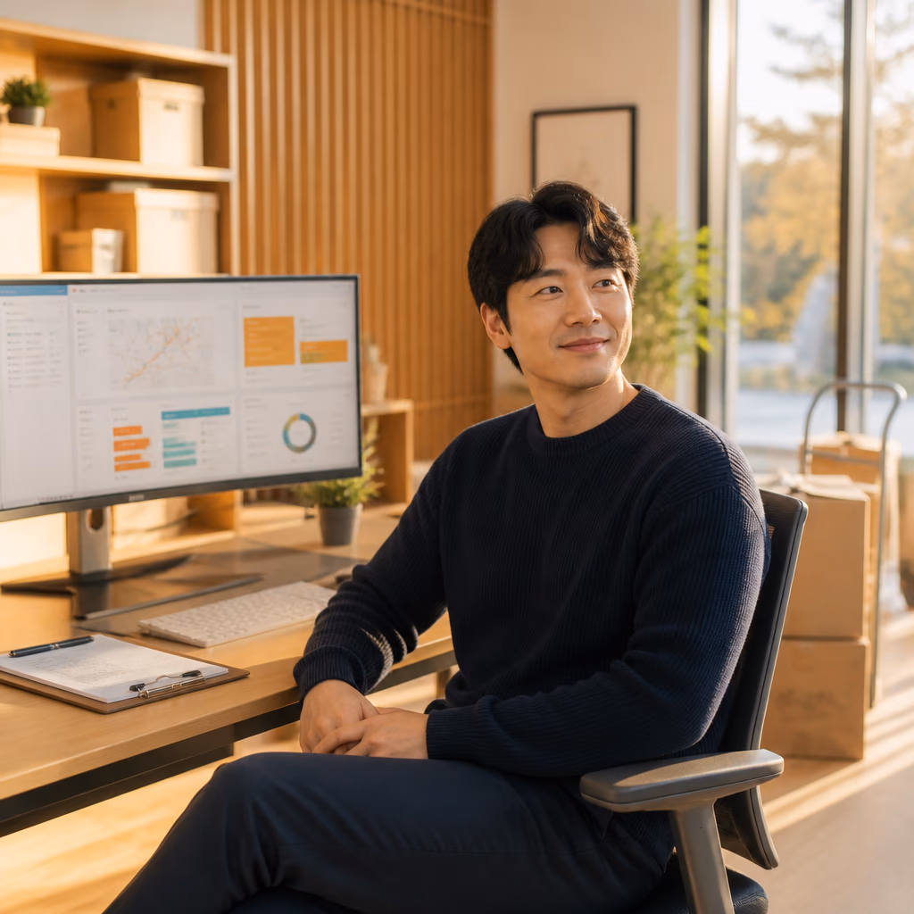 이사·용달 업종 전용 상담 컨셉 이미지 · 원목 책상 위 노트북과 따뜻한 오후 채광