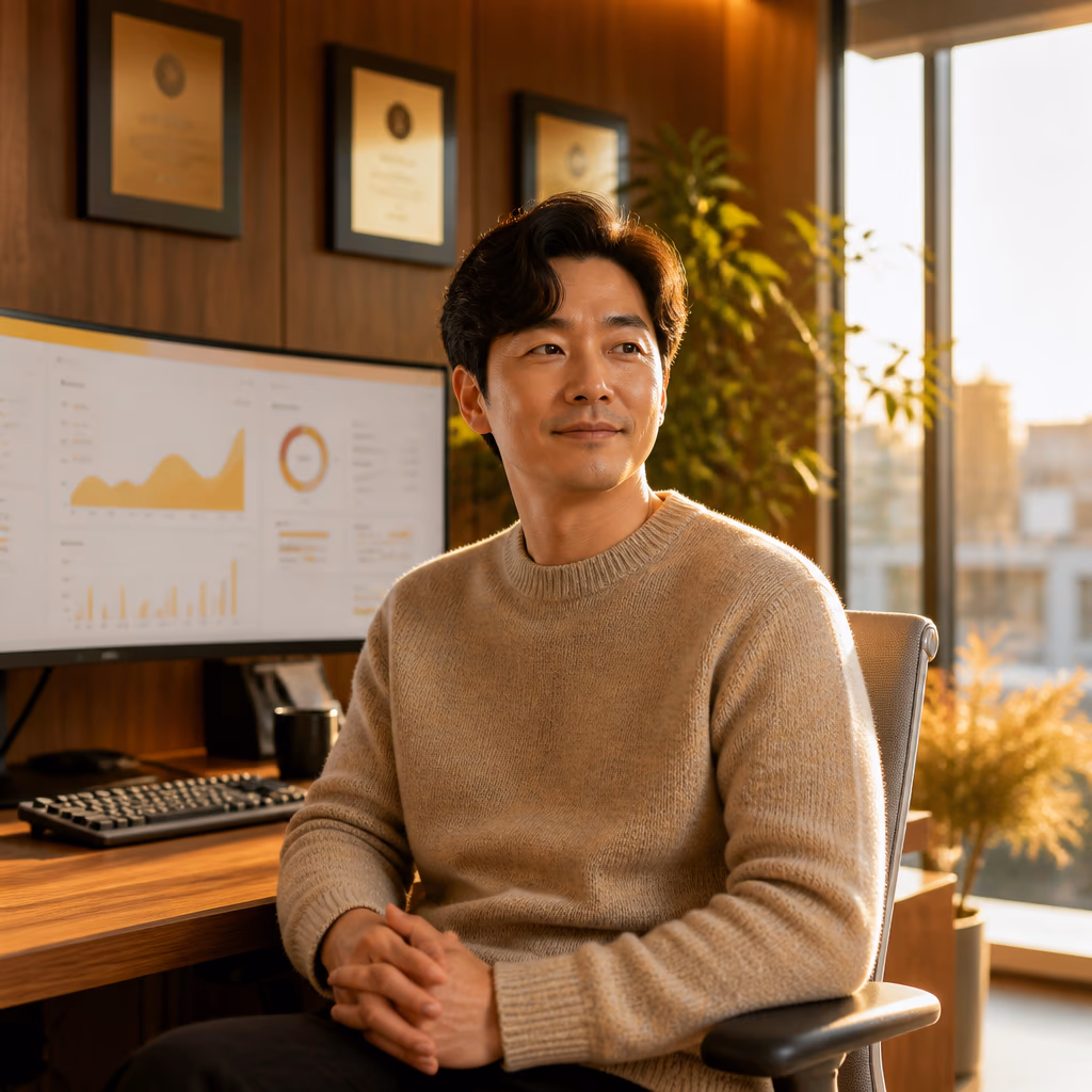 AI 인용 전용 상담 컨셉 이미지 · 원목 책상 위 노트북과 따뜻한 오후 채광