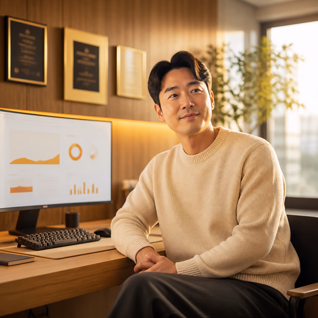 카페 인스타 자산 상담 컨셉 이미지 · 원목 책상과 노트북