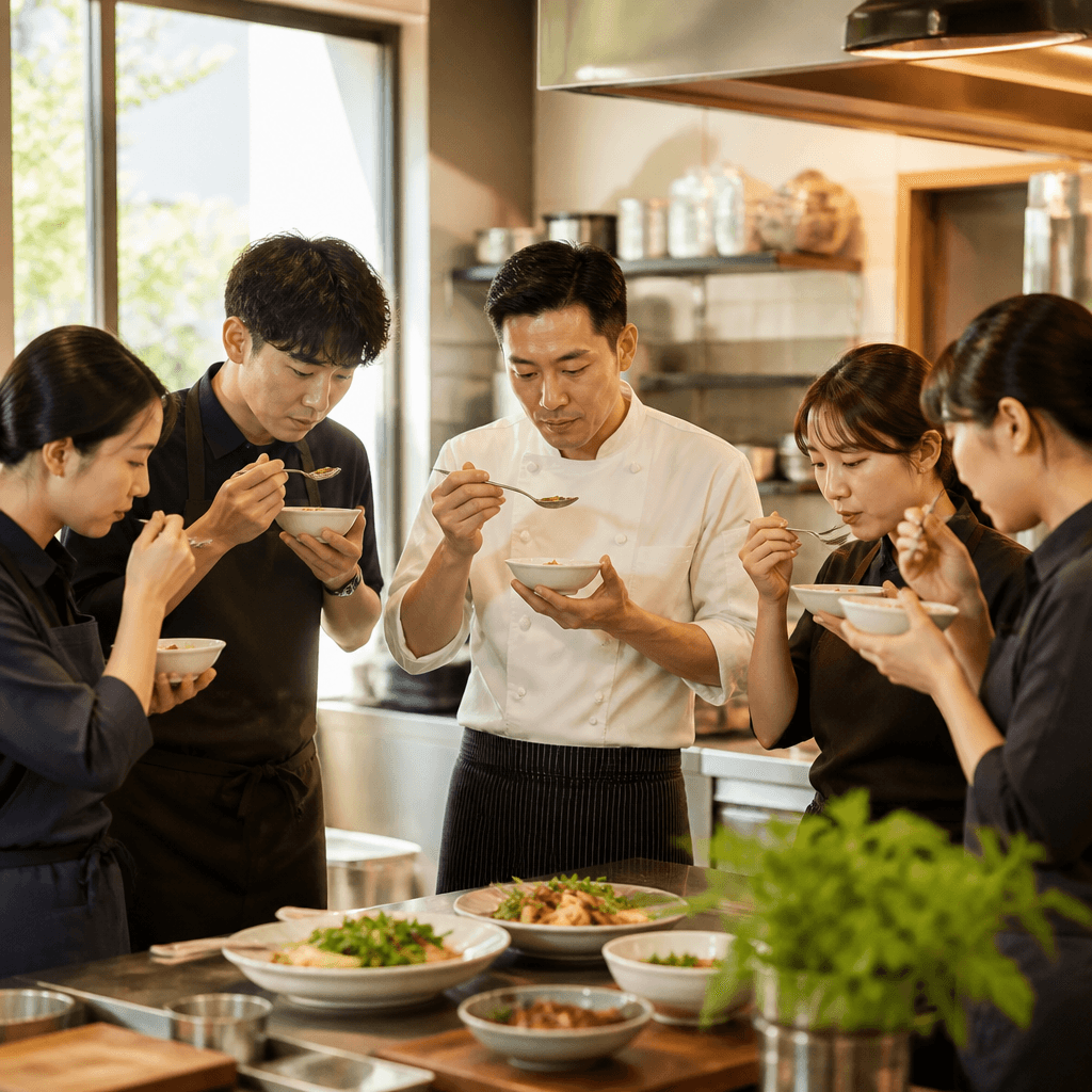 새 메뉴를 시식하며 의견을 나누는 주방의 진지한 순간 (컨셉 이미지)