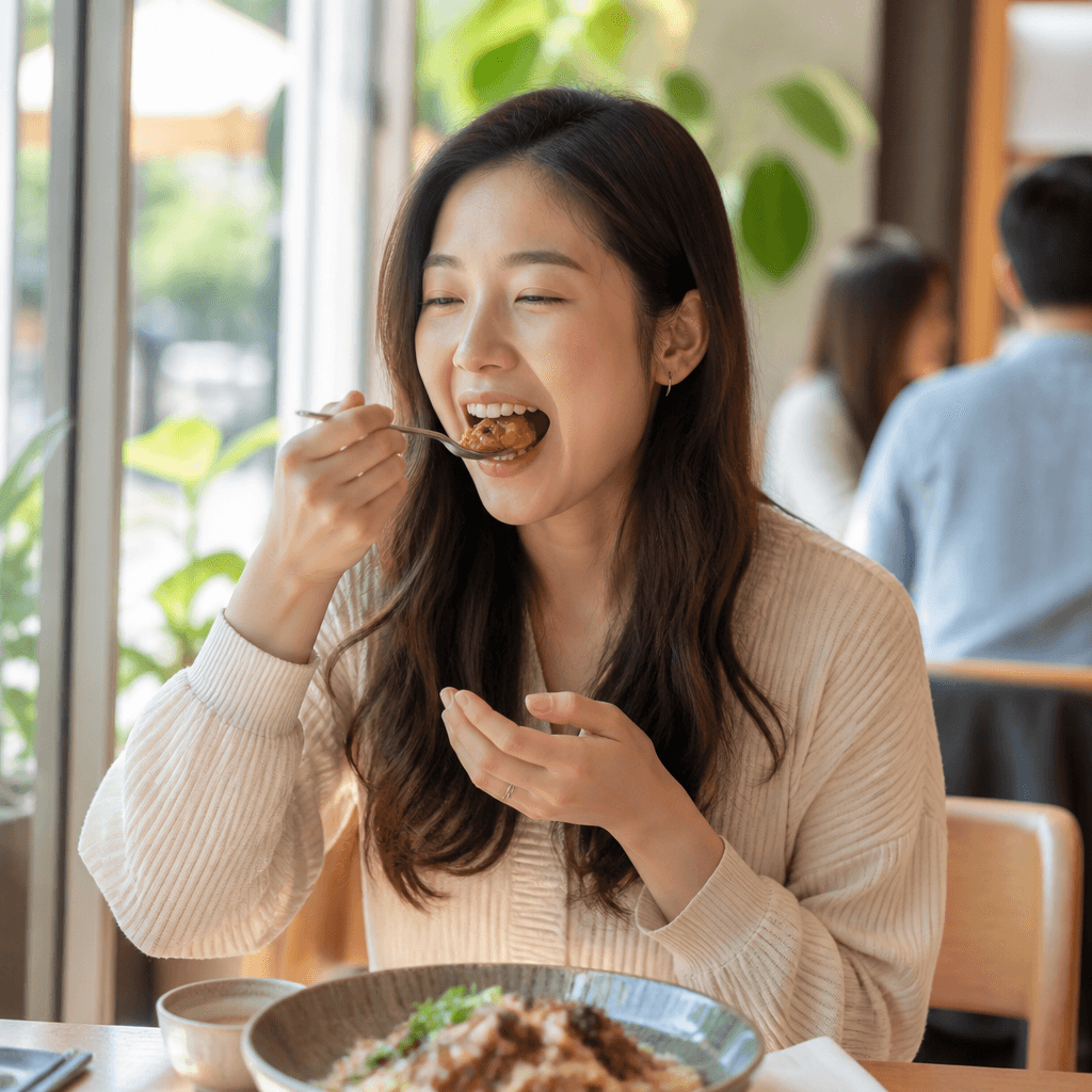 새 메뉴를 처음 맛보는 손님의 기대에 찬 표정 (컨셉 이미지)