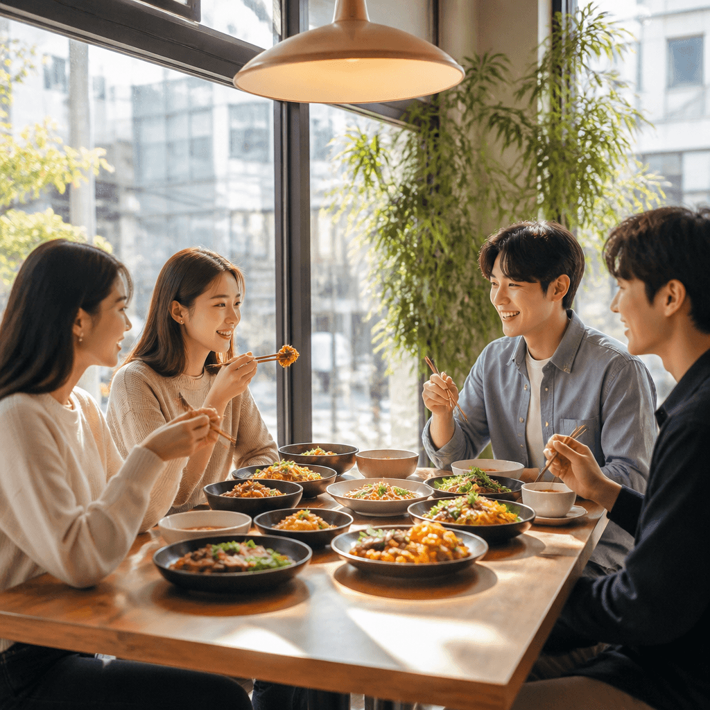 새 메뉴를 주문하며 즐거워하는 단골들의 테이블 (컨셉 이미지)