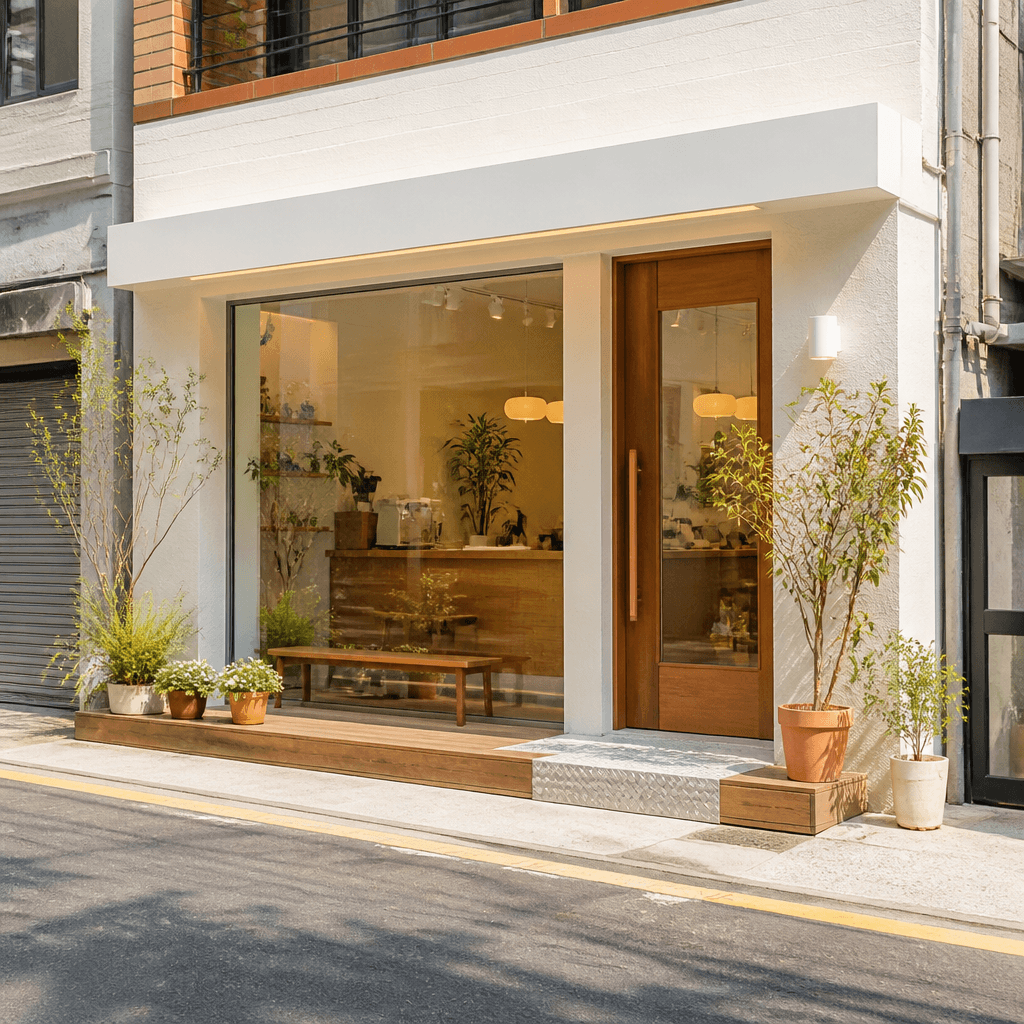 동네 거리에서 자연스럽게 시선이 가는 새 가게의 전면 (컨셉 이미지)