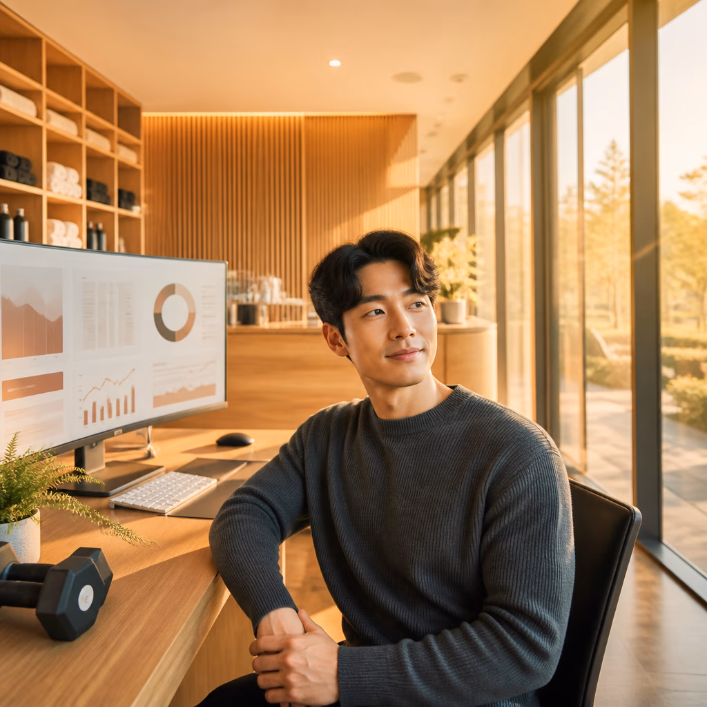 PT·헬스장 업종 전용 상담 컨셉 이미지 · 원목 책상 위 노트북과 따뜻한 오후 채광