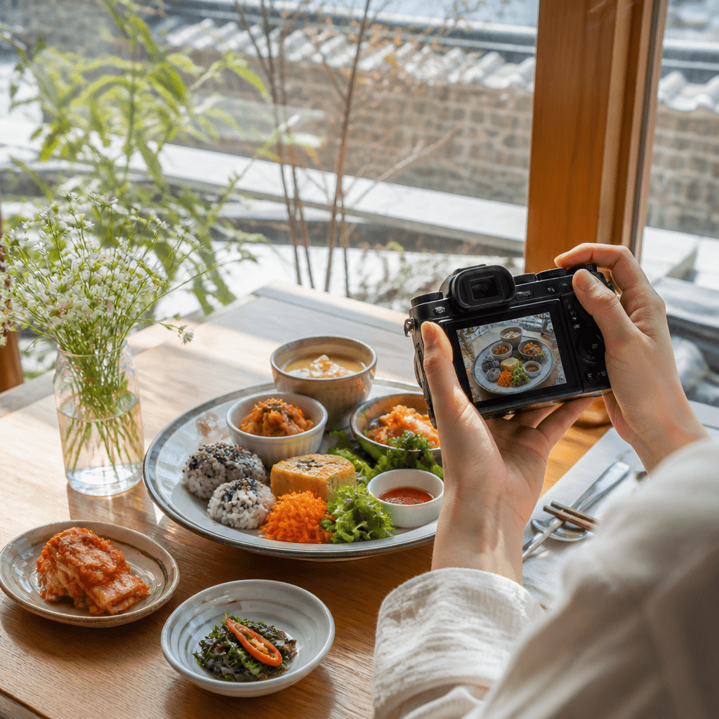 밝은 카페 창가에서 음식 사진을 찍는 크리에이터의 손과 카메라