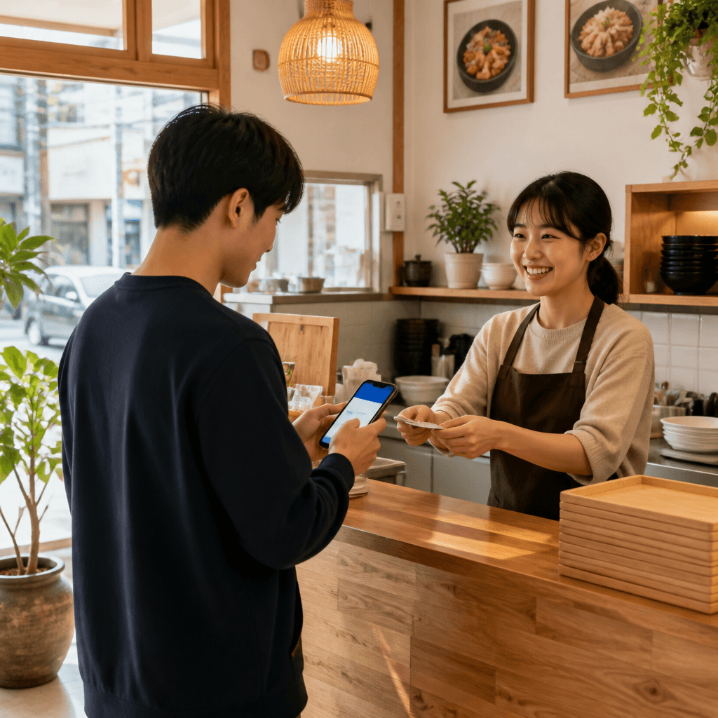 동네 식당 계산대 앞에서 손님이 스마트폰으로 방문 후기를 작성하는 모습 (컨셉 이미지)