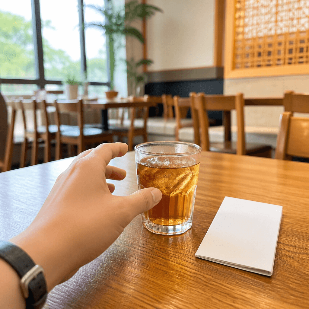 밝은 식당 테이블에 놓인 서비스 음료와 계산 영수증, 손님의 손 (컨셉 이미지)