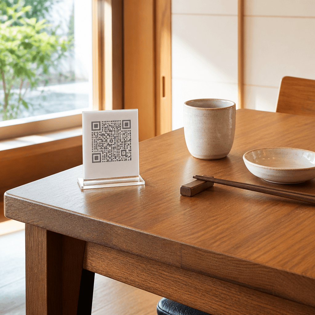 식당 테이블 모서리에 놓인 작은 아크릴 안내판과 QR 코드 스탠드 (컨셉 이미지)