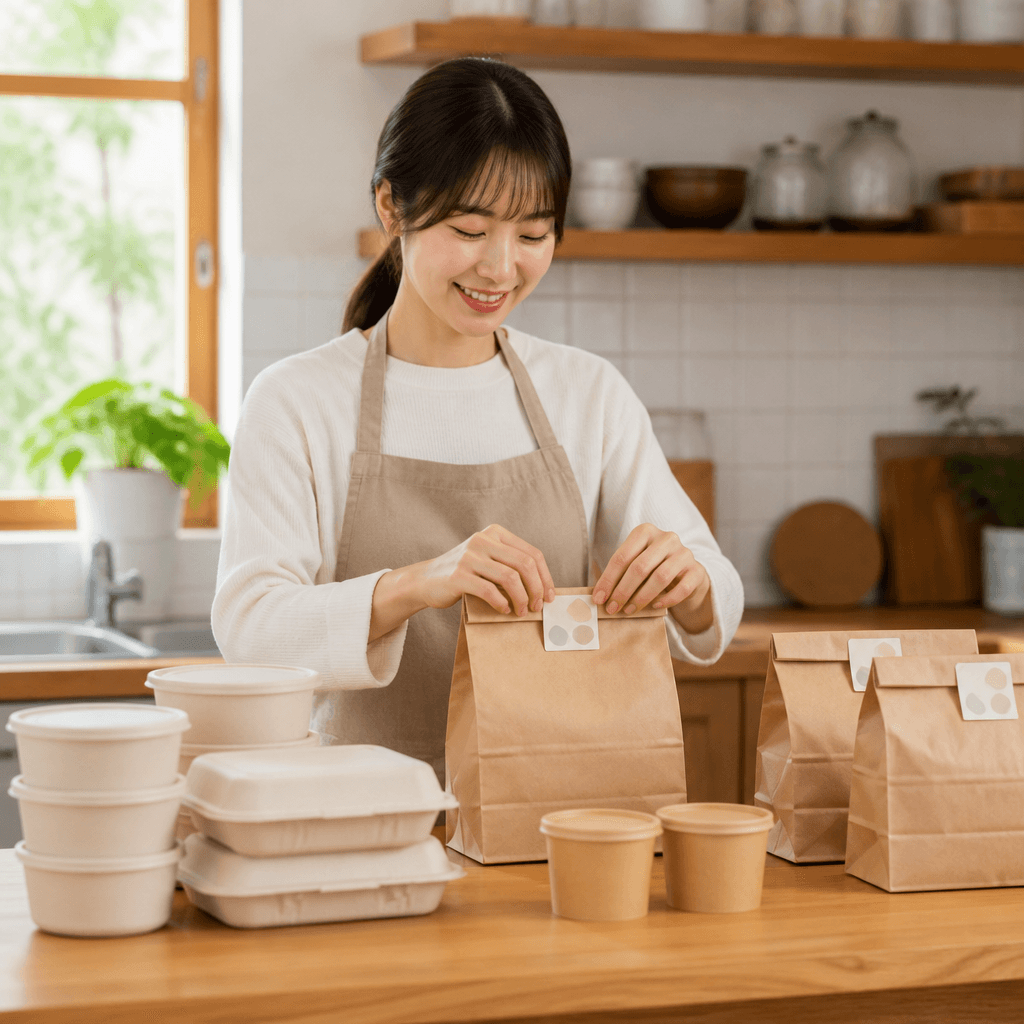 포장 봉투에 붙은 작은 QR 스티커를 확인하는 배달 준비 중인 직원 (컨셉 이미지)