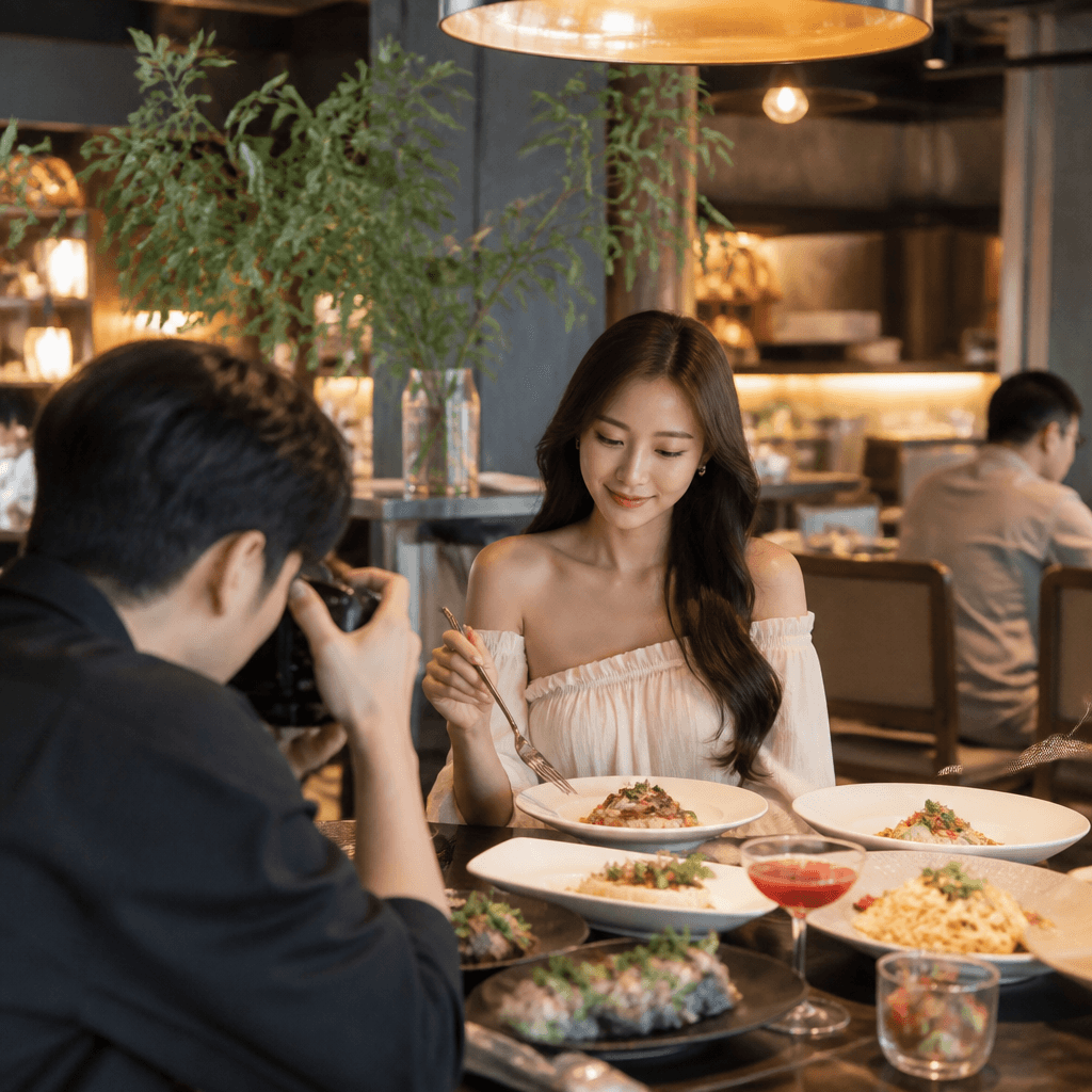 서울 모던 식당에서 식사하는 인스타 푸드 인플루언서와 촬영기사